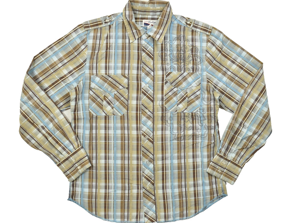Rare Vintage Mens Large Plaid Western Snap Button Down Shirt Brown Blue Cotton